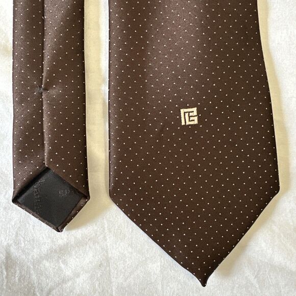 Pierre Balmain Paris Tie Embroidered Logo Micro Polka Dot Handmade Italy Brown - Picture 3 of 9